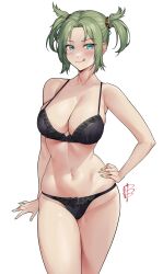 Rule 34 | 1girl, absurdres, alternate breast size, aqua eyes, black bra, black hairband, black panties, bra, breasts, commentary, commission, damobelmont, droite (tales), english commentary, green hair, green nails, hairband, highres, lace, lace-trimmed bra, lace-trimmed panties, lace trim, large breasts, looking at viewer, nail polish, panties, short hair, signature, simple background, solo, tales of (series), tales of vesperia, tongue, tongue out, twintails, underwear, white background