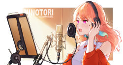 Rule 34 | 1girl, character name, day, fingernails, hand on headphones, headphones, highres, hololive, hololive english, indoors, light particles, long hair, microphone, music, music stand, nuebunny, off-shoulder jacket, off shoulder, orange hair, paper, pink eyes, pop filter, shirt, singing, sleeveless, sleeveless shirt, solo, song name, takanashi kiara, tsurime, upper body, virtual youtuber, white shirt