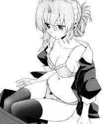 Rule 34 | 1girl, bare shoulders, blush, bra, breasts, cleavage, collarbone, dress, folded ponytail, hair ornament, hata kenjirou, hayate no gotoku!, highres, large breasts, long hair, maid, maid headdress, maria (hayate no gotoku!), monochrome, navel, open clothes, panties, sitting, skirt, solo, stomach, thighhighs, thighs, transparent background, underwear, undressing, unworn skirt