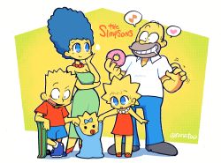 Rule 34 | 2boys, 3girls, puff of air, animification, baby, bart simpson, blue eyes, blue hair, blue pants, blue shorts, blush, breasts, child, commentary, copyright name, doughnut, dress, english commentary, food, green dress, grin, heart, highres, homer simpson, lisa simpson, long hair, maggie simpson, marge simpson, multiple boys, multiple girls, musical note, open mouth, orange dress, pants, rariatto (ganguri), saliva, shirt, shorts, simple background, skateboard, smile, spoken heart, spoken musical note, standing, the simpsons, toon (style), twitter username, white shirt