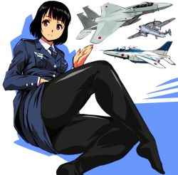 Rule 34 | 1girl, aircraft, airplane, black hair, black pantyhose, blue jacket, blue neckwear, blue skirt, brown eyes, buttons, commentary request, double-breasted, hand up, jacket, kamisimo 90, knee up, long sleeves, looking at viewer, lying, military, military uniform, necktie, on side, original, panties, panties under pantyhose, pantyhose, pencil skirt, shirt, short hair, simple background, skirt, thighs, underwear, uniform, white shirt