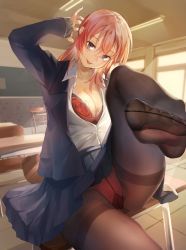 Rule 34 | 1girl, :p, arm up, black pantyhose, blazer, blouse, bra, breasts, classroom, clothes lift, crotch seam, desk, dress shirt, feet, feet up, gusset, head tilt, highres, indoors, jacket, knee up, looking at viewer, no shoes, on desk, open clothes, open jacket, open shirt, original, panties, panties under pantyhose, pantyhose, partially unbuttoned, pink hair, pleated skirt, red bra, red panties, school, school desk, shirt, sitting, skirt, skirt lift, soles, solo, sunlight, thighband pantyhose, tile floor, tiles, tongue, tongue out, underwear, white shirt, yoshimori isa