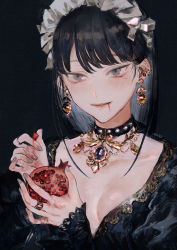 Rule 34 | 1girl, black background, black hair, bonnet, breasts, breasts apart, earrings, food, fruit, gloves, grey eyes, highres, jewelry, mole, mole under eye, necklace, original, pomegranate, ring, solo, tareme, traditional media, ueno zousui