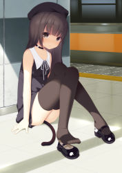 Rule 34 | 1girl, anal tail, arm support, ass, bare arms, bare shoulders, black choker, black dress, black eyes, black footwear, black hair, black thighhighs, choker, closed mouth, dress, fake tail, highres, knees up, long hair, looking at viewer, mary janes, object insertion, original, shoes, shokuyou mogura, sitting, sleeveless, sleeveless dress, solo, sunlight, tail, thighhighs, thighs, wing collar