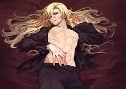 Rule 34 | 1boy, bed, black shirt, blonde hair, character request, commentary request, frilled shirt, frills, hiki yuichi, long hair, long sleeves, looking at viewer, lying, male focus, nipples, open clothes, oujitachi no insan, red eyes, scar, scar on chest, shirt, smile, solo