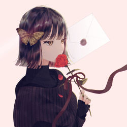 Rule 34 | 1girl, bad id, bad pixiv id, black hair, black sweater, blunt bangs, brown ribbon, envelope, flower, flower to mouth, green nails, high collar, highres, letter, miu 888, moth hair ornament, nail polish, original, ribbed sweater, ribbon, rose, short hair, simple background, solo, sweater, turtleneck, turtleneck sweater, upper body, wax seal, yellow eyes