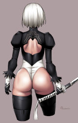 Rule 34 | 1girl, android, ass, back, black thighhighs, cropped legs, female focus, hip focus, leotard, nier (series), nier:automata, no pants, onomeshin, short hair, simple background, skindentation, solo, sword, thick thighs, thighhighs, thighs, weapon, white hair, white thighhighs, wide hips, 2b (nier:automata)