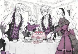 Rule 34 | 1girl, 3boys, alicest0113, bad id, bad twitter id, brothers, butler, cake, cake stand, closed eyes, corrin (female) (fire emblem), corrin (fire emblem), cup, dwyer (fire emblem), european clothes, family, father and son, fire emblem, fire emblem fates, food, gloves, husband and wife, jakob (fire emblem), kana (fire emblem), kana (male) (fire emblem), mother and son, multiple boys, nintendo, pointy ears, ponytail, siblings, smile, tea, tea set, teacup, white hair