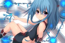 Rule 34 | 1girl, arm support, bare shoulders, black footwear, black shirt, black skirt, blue hair, blush, chain, commentary request, crop top, crossed bangs, fortissimo, from above, gloves, hair between eyes, hair ornament, highres, knees together feet apart, long hair, looking at viewer, looking back, magic, mahcdai, midriff, miniskirt, musical note, musical note hair ornament, original, ponytail, purple eyes, shiny skin, shirt, side slit, sidelocks, single glove, sitting, skirt, smile, solo, split mouth