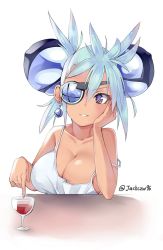 Rule 34 | 1girl, bad id, bad twitter id, blue eyes, breasts, cleavage, cup, dark-skinned female, dark skin, drinking glass, eyepatch, head rest, j@ck, large breasts, long hair, looking at viewer, nintendo, open mouth, praxis (xenoblade), simple background, smile, solo, white background, wine glass, xenoblade chronicles (series), xenoblade chronicles 2