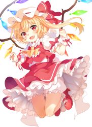 Rule 34 | 1girl, absurdres, ascot, blonde hair, bloomers, blush, flandre scarlet, full body, hat, hat ribbon, highres, long hair, looking at viewer, mob cap, open mouth, paragasu (parags112), red eyes, red footwear, red skirt, ribbon, shoes, side ponytail, simple background, skirt, skirt set, smile, socks, solo, touhou, underwear, vest, white background, white socks, wings, wrist cuffs