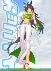 Rule 34 | 1girl, animal ears, arm strap, bell-bottoms, belt, black footwear, black hair, blue eyes, blue sky, bow, brown hair, closed mouth, cloud, cloudy sky, commentary, cropped jacket, day, flats, full body, grass, green bow, green shirt, hair ornament, hairclip, hand in own hair, hat, hat bow, highres, horse ears, horse girl, horse tail, long hair, looking at viewer, midriff, mr. c.b. (umamusume), navel, outdoors, pants, shirt, single sleeve, sky, sleeveless, sleeveless shirt, smile, solo, standing, swept bangs, tail, text background, tilted headwear, translated, umamusume, wata do chinkuru, white belt, white hat, white pants, wrist cuffs
