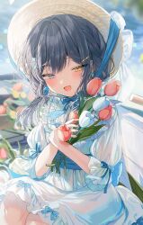 Rule 34 | 1girl, black hair, blue dress, blue eyes, blush, day, dress, earrings, flower, hair ornament, hairclip, hat, heterochromia, holding, holding flower, jewelry, long hair, looking at viewer, melonbooks, open mouth, original, outdoors, sitting, smile, solo, sun hat, tulip, twintails, y o u k a, yellow eyes