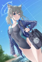 Rule 34 | 1girl, absurdres, animal ear fluff, animal ears, bag, blue archive, blue eyes, blue jacket, breasts, cat ears, cleavage, collarbone, competition swimsuit, cross hair ornament, day, earrings, floating hair, gawuiiiaguiii, grey hair, grey one-piece swimsuit, hair ornament, highres, jacket, jewelry, long hair, long sleeves, one-piece swimsuit, open clothes, open jacket, outdoors, school bag, shiroko (blue archive), shiroko (swimsuit) (blue archive), small breasts, solo, standing, swimsuit, thigh gap, track jacket, twintails