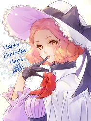 Rule 34 | 1girl, black bow, black gloves, bow, brown eyes, brown hair, character name, cloak, gloves, happy birthday, hat, hat bow, highres, looking at viewer, okumura haru, persona, persona 5, qoo1234, red bow, short hair, solo, upper body, white cloak, white hat