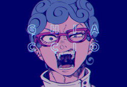 Rule 34 | 1boy, angry, blue hair, character name, curly hair, ghiaccio, glasses, high collar, jojo no kimyou na bouken, male focus, open mouth, portrait, red-framed eyewear, setsunano, shouting, solo, vento aureo