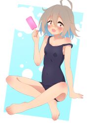 Rule 34 | 1girl, ahoge, bandaid, bandaid on cheek, bandaid on face, bandaid on nose, barefoot, blue one-piece swimsuit, commentary, covered navel, do it yourself!!, fang, feet, floating, food, furuta (artist), grey hair, hair between eyes, highres, holding, holding food, indian style, legs, looking at viewer, medium hair, messy hair, one-piece swimsuit, open mouth, popsicle, red eyes, school swimsuit, sitting, skin fang, smile, solo, strap slip, swimsuit, toes, yua serufu