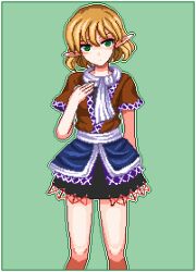 Rule 34 | 1girl, arm behind back, black dress, blonde hair, breasts, brown shirt, closed mouth, commentary request, dress, expressionless, feet out of frame, green background, green eyes, hair between eyes, hand on own chest, head tilt, long bangs, looking at viewer, mizuhashi parsee, outline, pixel art, pointy ears, sash, scarf, shirt, short hair, short sleeves, simple background, small breasts, solo, touhou, unk kyouso, white outline, white sash, white scarf