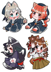 Rule 34 | 4girls, :3, animal ears, animal hands, arm up, black hair, black skirt, blue dress, blue headwear, brown hair, cat ears, cat girl, cat tail, cropped legs, dress, fang, hakama, hakama skirt, hat, hatsushimo (kancolle), hime kake, ise (kancolle), japanese clothes, kantai collection, long hair, long sleeves, low-tied long hair, multiple girls, open mouth, pleated skirt, ponytail, red eyes, ribbon-trimmed sleeves, ribbon trim, sailor dress, short hair, silver hair, simple background, skirt, smile, tail, very long hair, white background, z1 leberecht maass (kancolle), z3 max schultz (kancolle)