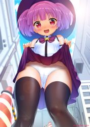 Rule 34 | bad id, bad pixiv id, black thighhighs, blush, breasts, cedar (cedar japonica), city, cityscape, clothes lift, cloud, commentary request, day, exhibitionism, hat, lens flare, lifting own clothes, mirakurun, open mouth, panties, pink hair, public indecency, red eyes, skirt, skirt lift, sky, smile, solo, thighhighs, thighs, traffic cone, underwear, white panties, witch hat, yuru yuri