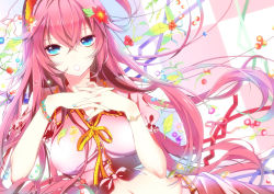 Rule 34 | 1girl, :o, aqua eyes, blue eyes, bracelet, breasts, female focus, fingernails, fingers together, flower, front-tie top, hair flower, hair ornament, hairband, jewelry, leaf, long hair, manyako (mohumohu), megurine luka, midriff, nail polish, navel, open mouth, pink hair, ribbon, shirt, solo, tied shirt, upper body, very long hair, vocaloid