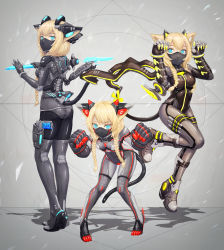 Rule 34 | 3girls, absurdres, animal ear fluff, animal ears, blonde hair, blue eyes, bodysuit, braid, breasts, cat ears, cat tail, commentary request, commission, full body, grey background, gun, handgun, highres, holster, huge filesize, impossible bodysuit, impossible clothes, knife, looking at viewer, mask, mecha musume, mouth mask, multiple girls, ninja mask, original, oversized forearms, oversized limbs, paw pose, pixiv commission, ribbon, shadow, shiny clothes, small breasts, tail, tail ornament, tail ribbon, thigh holster, weapon, yumikoyama49