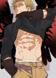 Rule 34 | 1boy, abs, alternate costume, bara, boku no hero academia, clothes lift, cowboy shot, feathered wings, forked eyebrows, hawks (boku no hero academia), lifted by self, long sleeves, looking at viewer, male focus, midriff peek, navel, pectorals, seductive smile, shirt lift, short hair, smile, thick eyebrows, toned, toned male, underpec, veiny crotch, wavy hair, wings, yan (bltyann)