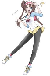 Rule 34 | 1girl, 2016, ;d, black pantyhose, blue eyes, blush, breasts, brown hair, collarbone, creatures (company), dated, double bun, full body, game freak, hair between eyes, hair bun, hand to head, hands up, long hair, long sleeves, looking at viewer, medium breasts, navel, nintendo, one eye closed, open mouth, pantyhose, pantyhose under shorts, poke ball print, pokemon, pokemon bw2, pulled by self, raglan sleeves, rosa (pokemon), salute, scarlet zel, shirt, shoelaces, shoes, short shorts, shorts, simple background, skirt, sleeves past elbows, smile, sneakers, solo, strap pull, tongue, twintails, visor cap, watch, wristwatch, yellow shorts, yellow skirt