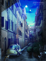 Rule 34 | 1boy, arsene lupin iii, building, car, cat, chain-link fence, cityscape, cloud, fence, fiat, fiat 500, fujiya takao, green jacket, highres, house, jacket, lamppost, looking up, lupin iii, male focus, motor vehicle, necktie, night, night sky, no entry sign, on vehicle, pavement, plant, potted plant, road, road sign, scenery, scooter, sign, sitting, sky, solo, street, tms entertainment, vanishing point, vehicle, yellow necktie