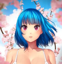 Rule 34 | 1girl, absurdres, blue hair, blunt bangs, blurry, blush, bob cut, breasts, cherry blossoms, cloud, collarbone, depth of field, erkaz, highres, huge breasts, looking at viewer, original, outdoors, parted lips, petals, red eyes, rina atherina, shiny skin, short hair, sky, solo, tank top, upper body, wind