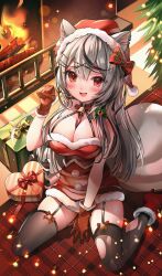 Rule 34 | 1girl, :d, absurdres, animal ears, bell, black collar, box, breasts, cat ears, christmas, christmas tree, cleavage, collar, dress, fang, fire, fireplace, firewood, full body, gift, gift box, grey hair, hat, heart-shaped box, highres, hololive, jingle bell, large breasts, luna nyann, neck bell, neck ribbon, open mouth, paw pose, red eyes, ribbon, sakamata chloe, santa dress, santa hat, short dress, sitting, smile, solo, strapless, strapless dress, virtual youtuber, wariza