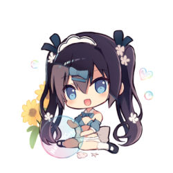 Rule 34 | 1girl, :d, ball, bare shoulders, bikini, black footwear, black hair, blue bikini, blue bow, blue eyes, blue sleeves, bow, chibi, commentary request, detached sleeves, flower, full body, hair between eyes, hair bow, hair ornament, hairclip, head tilt, hetero, humuyun, long hair, looking at viewer, lowres, maid headdress, open mouth, original, puffy short sleeves, puffy sleeves, shoes, short sleeves, simple background, sitting, smile, soap bubbles, solo, swimsuit, transparent, twintails, very long hair, wariza, white background, white legwear, yellow flower