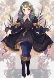 Rule 34 | 1girl, 3rdk0n, blush, boots, bow, clothes lift, dress, dress lift, female focus, fire emblem, fire emblem: three houses, flayn (fire emblem), floral background, flower, full body, garreg mach monastery uniform, green eyes, green hair, hair ornament, highres, looking at viewer, nintendo, pantyhose, pointy ears, simple background, solo, white background, wreath
