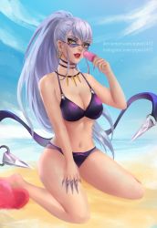 Rule 34 | 1girl, bare shoulders, beach, bikini, breasts, cleavage, earrings, evelynn (league of legends), eyeshadow, food, jewelry, k/da (league of legends), k/da evelynn, league of legends, long hair, looking over eyewear, looking over glasses, makeup, nails, navel, outdoors, pipan1452, ponytail, popsicle, purple-tinted eyewear, purple-tinted glasses, purple bikini, purple hair, sky, sunglasses, swimsuit, tagme, thighs, tinted eyewear, yellow eyes