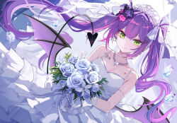 1girl absurdres alternate_costume bouquet breasts bridal_veil center-flap_bangs cleavage colored_inner_hair commentary demon_girl demon_tail demon_wings diamond_(gemstone) double-parted_bangs dress earclip earrings elbow_gloves english_commentary floating_hair flower frilled_dress frills gem gloves green_eyes hair_between_eyes hair_flower hair_ornament hairclip heart heart_necklace highres holding holding_bouquet hololive jewelry kkato lace lace-trimmed_gloves lace_trim layered_dress long_dress long_hair looking_at_viewer low_wings medium_breasts multicolored_hair necklace piercing pink_hair pointy_ears purple_hair sidelocks signature sleeveless sleeveless_dress smile solo standing streaked_hair tail tail_ornament tail_piercing tattoo tiara tokoyami_towa twintails veil virtual_youtuber wedding_dress white_dress winged_heart_tattoo wings