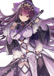 Rule 34 | 1girl, bare shoulders, breasts, capelet, caster (lostbelt), dress, fate/grand order, fate (series), forehead jewel, fur trim, gem, goomrrat, hair between eyes, hair ribbon, hand on own chest, hip focus, large breasts, long hair, looking at viewer, ponytail, purple dress, purple hair, purple ribbon, purple thighhighs, red eyes, ribbon, scathach (fate), scathach skadi (fate), scathach skadi (third ascension) (fate), simple background, smile, solo, thighhighs, tiara, wand, white background