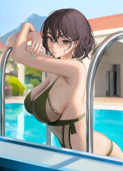 Rule 34 | 1girl, bad id, bad pixiv id, bare arms, bare shoulders, bikini, black hair, blush, breasts, cleavage, closed mouth, from side, green nails, highres, large breasts, looking at viewer, mole, mole under eye, myabit, nail polish, original, outdoors, pool, short hair, solo, swimsuit, water