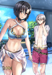 Rule 34 | 1boy, 1girl, abs, absurdres, alternate costume, bikini, black hair, blue bikini, breasts, brother and sister, cleavage, fire emblem, fire emblem engage, highres, large breasts, nel (fire emblem), nintendo, rafal (fire emblem), red eyes, sarong, shirt, short hair, siblings, swimsuit, thigh strap, togo2828, wet, wet clothes, wet hair, white hair, white shirt