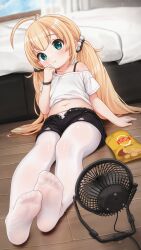 Rule 34 | 1girl, absurdres, ahoge, bed, bedroom, black shorts, blonde hair, blush, chips (food), comodomodo, eating, electric fan, feet, food, green eyes, hand to own mouth, highres, indoors, legs, long hair, looking at viewer, midriff, miu (comodomodo), navel, no shoes, on floor, original, pantyhose, pantyhose under shorts, potato chips, shirt, short shorts, short sleeves, shorts, sitting, soles, solo, thighs, toes, twintails, unbuttoned, very long hair, white pantyhose, white shirt, wooden floor