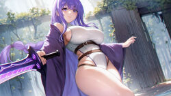 Rule 34 | 1girl, ai-assisted, aztodio, belt, blush, braid, braided ponytail, breasts, holding, holding sword, holding weapon, japanese clothes, large breasts, leotard, long hair, long sleeves, looking at viewer, original, outdoors, purple eyes, purple hair, sideboob, solo, sword, thighs, tree, weapon, wide sleeves