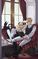 Rule 34 | 1boy, 1girl, animal, blonde hair, book, brother and sister, cat, center frills, couch, drill hair, elise (fire emblem), fire emblem, fire emblem fates, frills, highres, holding, holding book, indoors, leo (fire emblem), nintendo, no shoes, pantyhose, shoes, unworn shoes, siblings, sitting, smile, white pantyhose