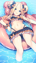 Rule 34 | 1girl, abigail williams (emerald float) (fate), abigail williams (fate), bare shoulders, bikini, black bikini, black bow, blonde hair, blue eyes, blush, bow, breasts, double bun, emerald float, fate/grand order, fate (series), forehead, frilled bikini, frills, gluteal fold, hair bow, hair bun, holding, holding stuffed toy, innertube, long hair, looking at viewer, lying, navel, nozomi tsubame, official alternate costume, on back, open mouth, orange bow, parted bangs, polka dot, polka dot bow, small breasts, smile, solo, stuffed animal, stuffed toy, swim ring, swimsuit, teddy bear, thighs, water