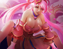 Rule 34 | 1girl, alternate costume, alternate hair color, arch, areola slip, bare shoulders, blue eyes, breasts, cleavage, downblouse, dress, earrings, eyelashes, female focus, fictional persona, frills, gloves, hair ornament, hair rings, hairband, heart, heart hair ornament, heart necklace, jewelry, large breasts, league of legends, light particles, lips, lipstick, long dress, long hair, looking at viewer, makeup, necklace, nipple slip, nipples, off-shoulder dress, off shoulder, parted lips, pink gloves, pink hair, pink lips, purple eyes, shade, silver hair, sitting, solo, sona (league of legends), spread legs, sweetheart sona, swept bangs, turewindwalker, twintails, very long hair, wide sleeves