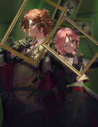 Rule 34 | 2boys, ahoge, belt, belt buckle, black belt, black gloves, blurry, blurry background, brown hair, buckle, commentary, cropped jacket, double face (ensemble stars!), earpiece, ensemble stars!, finger to mouth, formal, gloves, green eyes, hair up, hand on own hip, highres, idol, indoors, looking at viewer, male focus, microphone, mikejima madara, multiple boys, necktie, one eye closed, oukawa kohaku, picture frame, pink hair, purple eyes, red belt, red neckwear, rice (rice8p), sheriff badge, short hair, smile, suit