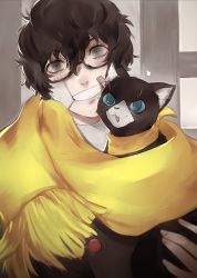 Rule 34 | 10s, 1boy, absurdres, amamiya ren, animal, artist request, black hair, blue eyes, blush, cape, cat, glasses, highres, looking at viewer, male focus, morgana (persona 5), persona, persona 5, smile