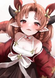 Rule 34 | 1girl, ahoge, azur lane, bare shoulders, black skirt, blush, breasts, brown eyes, brown hair, commentary, dragon girl, dragon horns, dragon tail, hair ornament, halterneck, highres, horns, japanese clothes, kimono, long hair, long sleeves, looking at viewer, manda (manda9n), natori (azur lane), off shoulder, open mouth, pointy ears, red kimono, simple background, skirt, small breasts, solo, tail, tears