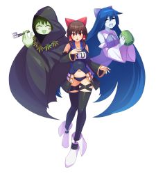Rule 34 | 3girls, :d, ^ ^, black eyes, black legwear, blue hair, blue skin, blush, blush stickers, boots, bow, breasts, brown hair, cloak, closed eyes, colored skin, cookie (touhou), cup, detached sleeves, dizzy (guilty gear), full body, green hair, green skin, guilty gear, hair between eyes, hair bow, hair tubes, hakurei reimu, hatsune miku, highres, holding, holding cup, holding smoking pipe, hood, hood up, large breasts, long hair, long sleeves, looking at viewer, midriff, multiple girls, name tag, navel, open mouth, parody, purple bow, red bow, red eyes, reu (cookie), ribbon-trimmed sleeves, ribbon trim, school swimsuit, short hair, sidelocks, smile, smoking pipe, standing, stomach, swimsuit, tarmo, thighhighs, touhou, transparent background, tsurime, very long hair, white footwear, wide sleeves, yunomi