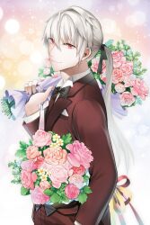 Rule 34 | 1boy, black bow, black bowtie, black ribbon, bouquet, bow, bowtie, breast pocket, circle, closed mouth, fingernails, flower, formal, holding, holding bouquet, lapels, leaf, long hair, long sleeves, looking at viewer, male focus, notched lapels, official art, pink flower, pocket, ponytail, red eyes, ribbon, solo, star (symbol), suit, susanghan messenger, third-party source, white flower, white hair, zen (susanghan messenger)