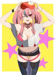 Rule 34 | 1girl, ;d, akagi koku, arms up, azur lane, belt, bikini, bikini under clothes, black choker, black shorts, blue thighhighs, blush, bracelet, breasts, bremerton (azur lane), choker, cleavage, collarbone, commentary request, cowboy shot, crop top, crop top overhang, cutoffs, ear piercing, grey belt, grey hair, hair between eyes, hair intakes, hair ornament, highres, holding, holding removed eyewear, jewelry, large breasts, leaning forward, lifebuoy, long hair, looking at viewer, midriff, mole, mole on breast, mole under eye, multicolored hair, navel, navel piercing, off-shoulder shirt, off shoulder, one eye closed, open mouth, piercing, pink bikini, pink eyes, pink hair, red-tinted eyewear, shirt, short shorts, short sleeves, shorts, sidelocks, single bare shoulder, smile, solo, standing, star (symbol), starry background, streaked hair, sunglasses, sunglasses on head, swim ring, swimsuit, thigh gap, thigh strap, thighhighs, tinted eyewear, twintails, two-tone hair, two-tone legwear, two-tone shirt, unworn eyewear, wristband, yellow background