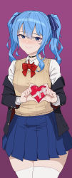 Rule 34 | 1girl, absurdres, blue eyes, blue hair, bow, bowtie, box, candy, chocolate, chocolate heart, choker, food, gift, gift box, hair ribbon, heart, heart hands, highres, hololive, hoshimachi suisei, jacket, jacket partially removed, medium hair, mibe (suiseichu), ribbon, school uniform, short twintails, skirt, smile, solo, sweater vest, thick thighs, thighhighs, thighs, twintails, virtual youtuber, zettai ryouiki